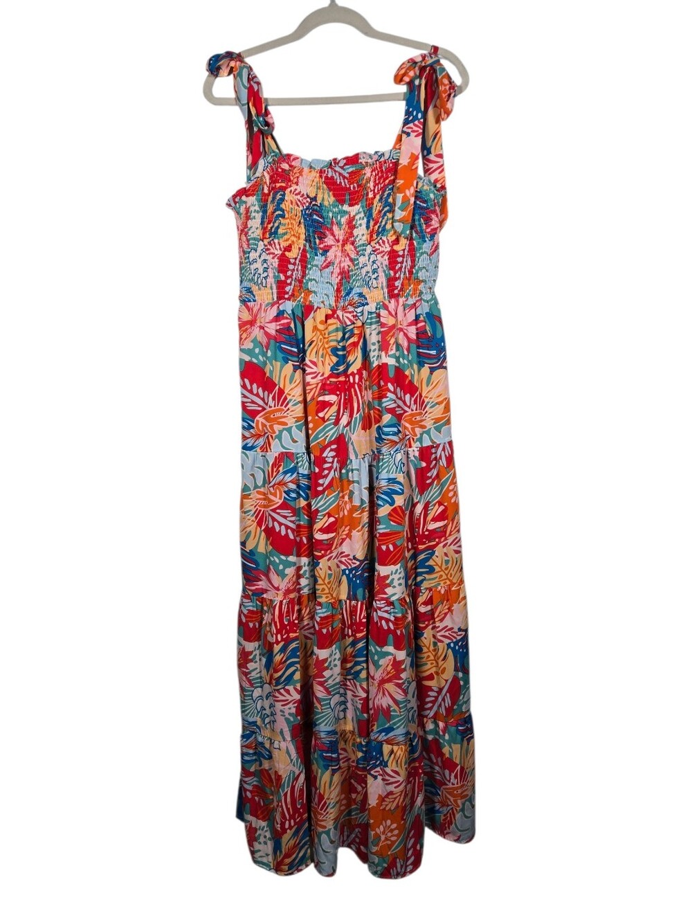 Cloudwalk Smocked Colorful Tropical Palm Floral Tiered Maxi Dress Size Large